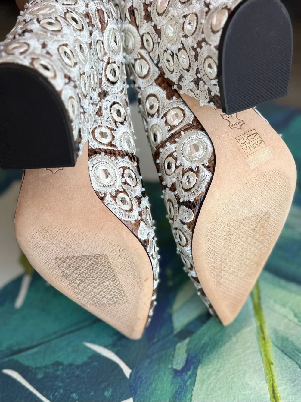 TORY BURCH Embellished BEIGE Brown Lace Pointed Toe Pumps BLOCK HEELS FANCY